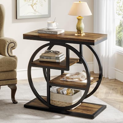 25.59" Industrial 4-Tier Narrow End Table with Storage Shelves, Wood Side Table with Metal Frame, Slim Sofa Side Table