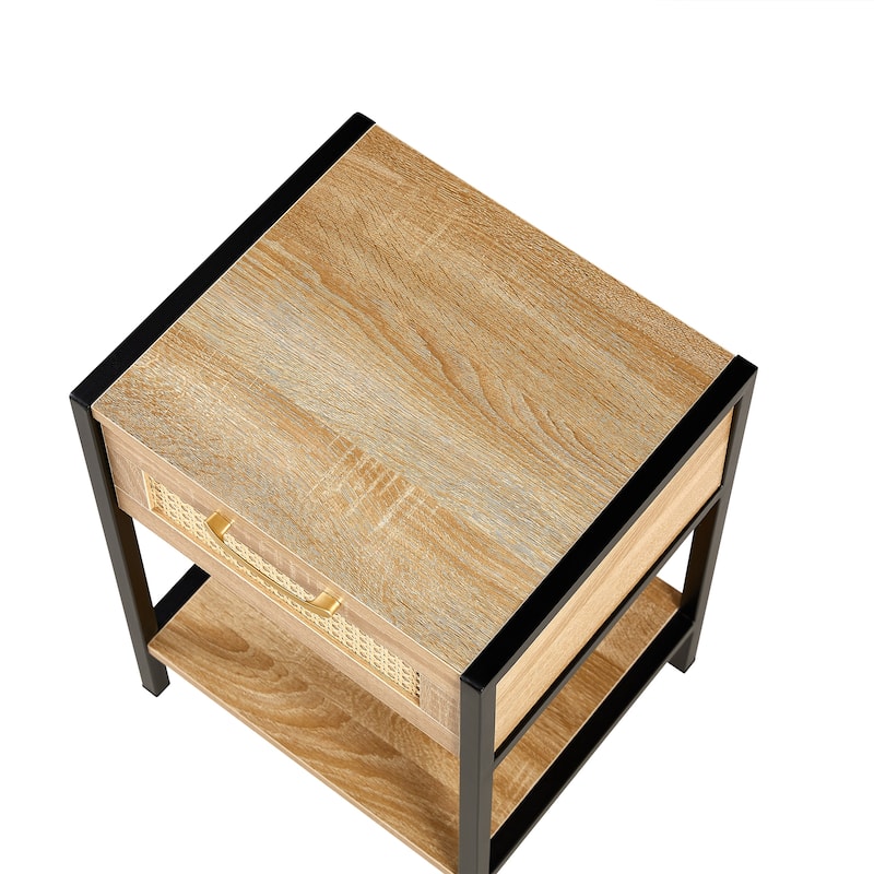 Modern Natural Rattan Wooden Nightstand/End Table/Side Table with Drawer(Set of 2)