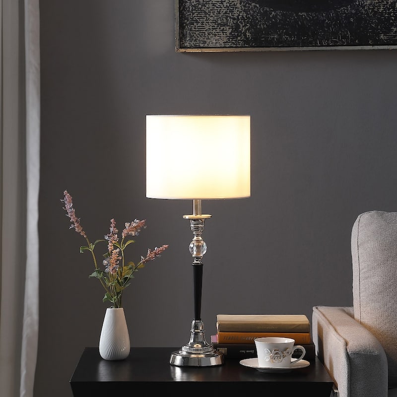 23" Modern Bedside Table Lamp with Crystal and Metal Base and White Drum Shade for Bedroom or Living Room