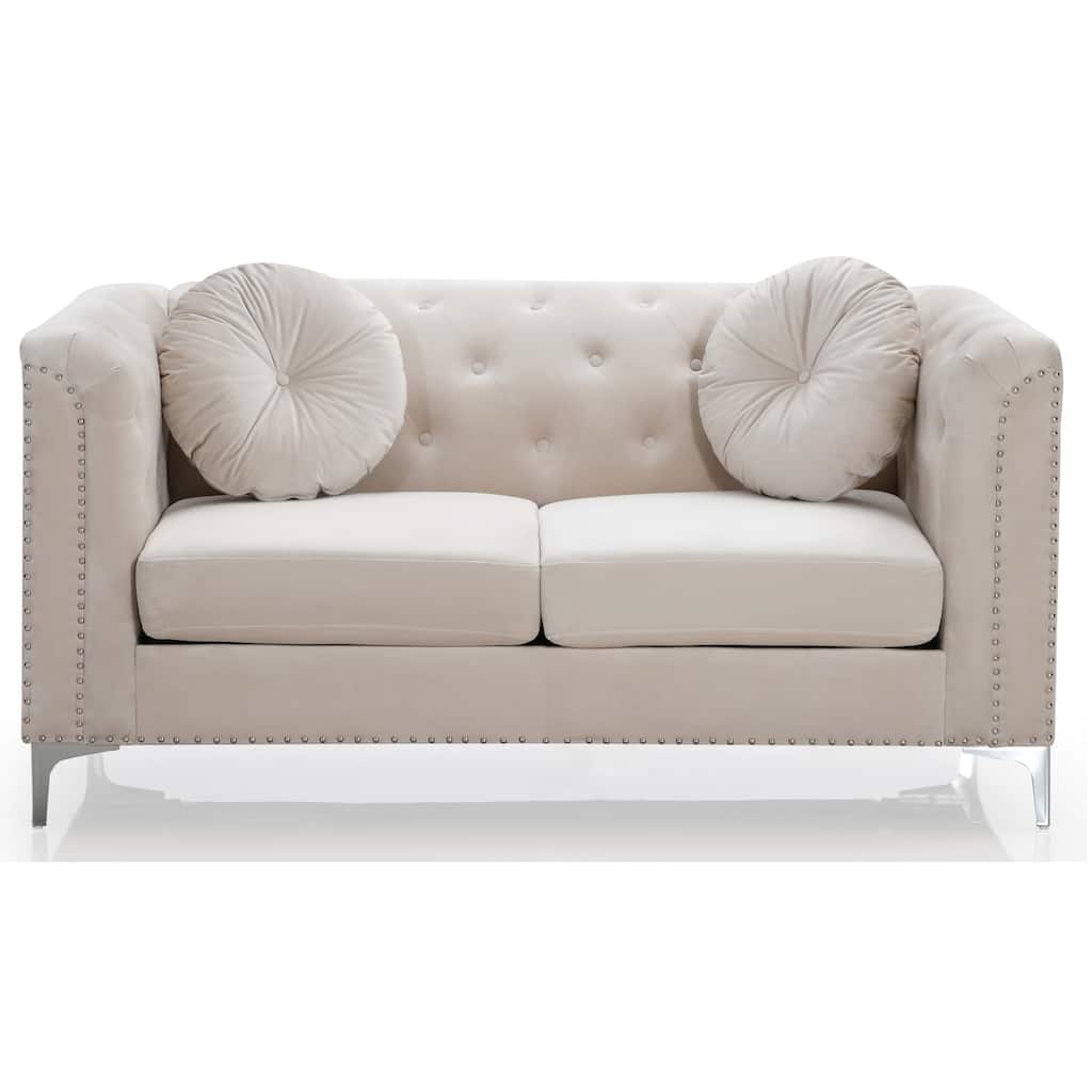 Tufted Velvet 2-Seater Sofa with Throw Pillows - 62" - Beige