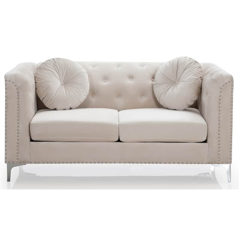 Tufted Velvet 2-Seater Sofa with Throw Pillows - 62" - Beige
