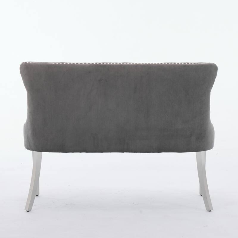 Velvet Double Dining Loveseat Bench, 2-Seat Tufted Bench w/Handmade Buttons, Wing Back, Gold-Plated Steel Legs, Single Pack