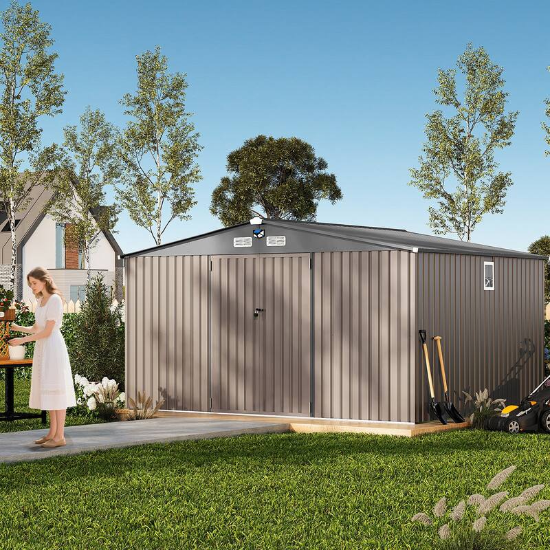 10x12FT Outdoor Metal Storage Shed with Lockable Door, Vents, Windows & Solar Light