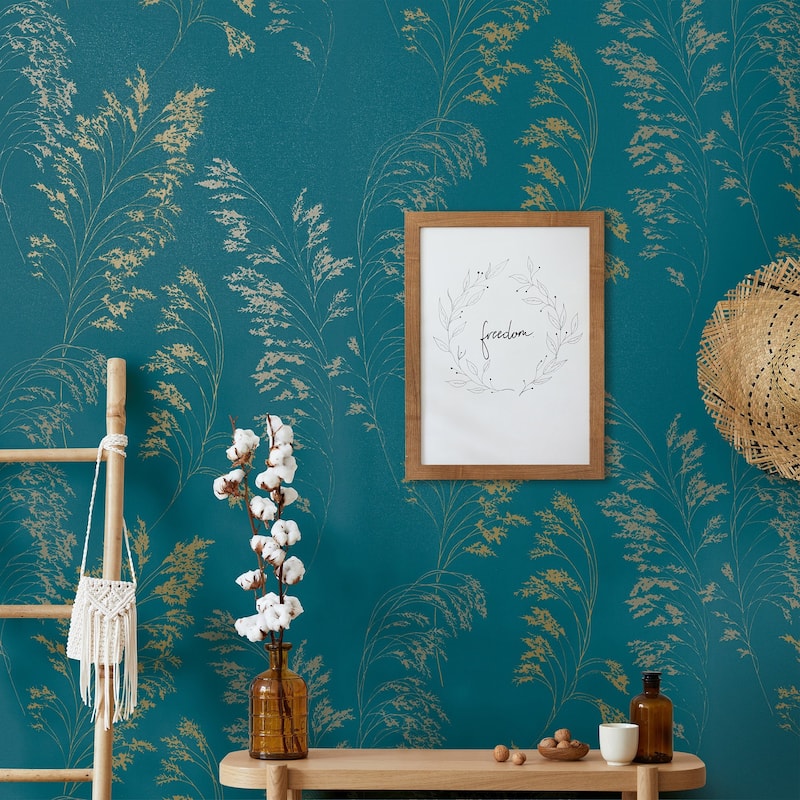 Galerie Wallcoverings Shrub Leaf On Plain Linen Texture Vinyl on Non-woven Soft Metallic Wallpaper Roll