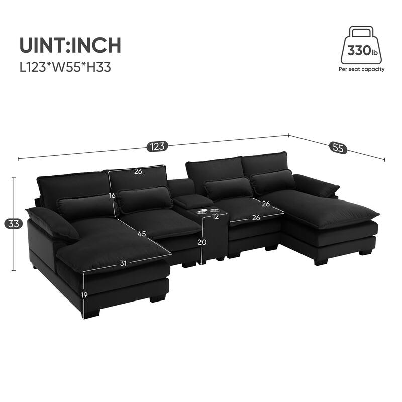 6-Seat U-Shaped Sofa with Console, Cupholders & USB Ports, Chenille Upholstery, 123"