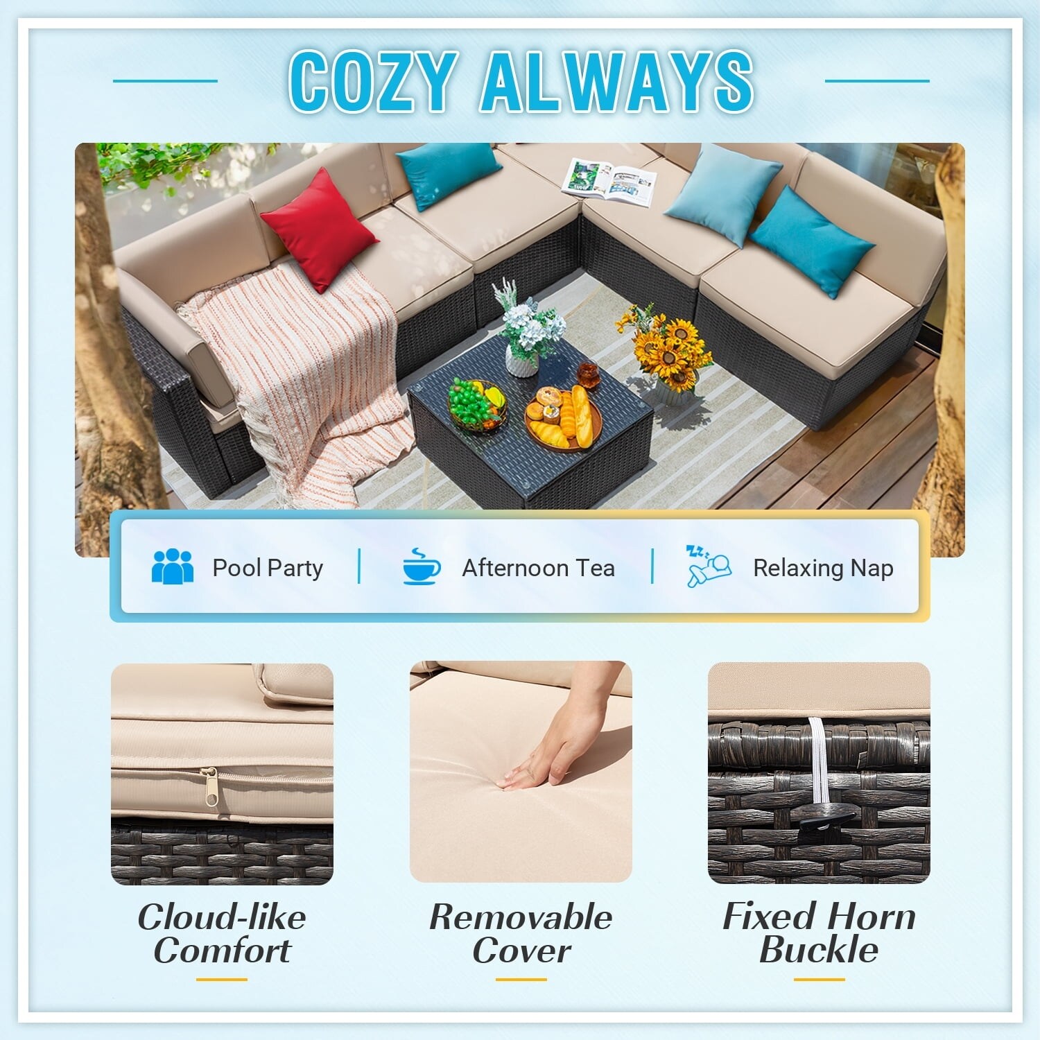 Furniwell 7-Piece Patio Furniture Set - Acacia Wood & Rattan