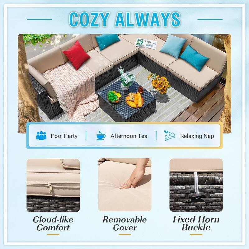 Furniwell 7-Piece Outdoor Patio Furniture Sets Sectional Sofa Set Acacia Wood Set with Table , Rattan sofa set