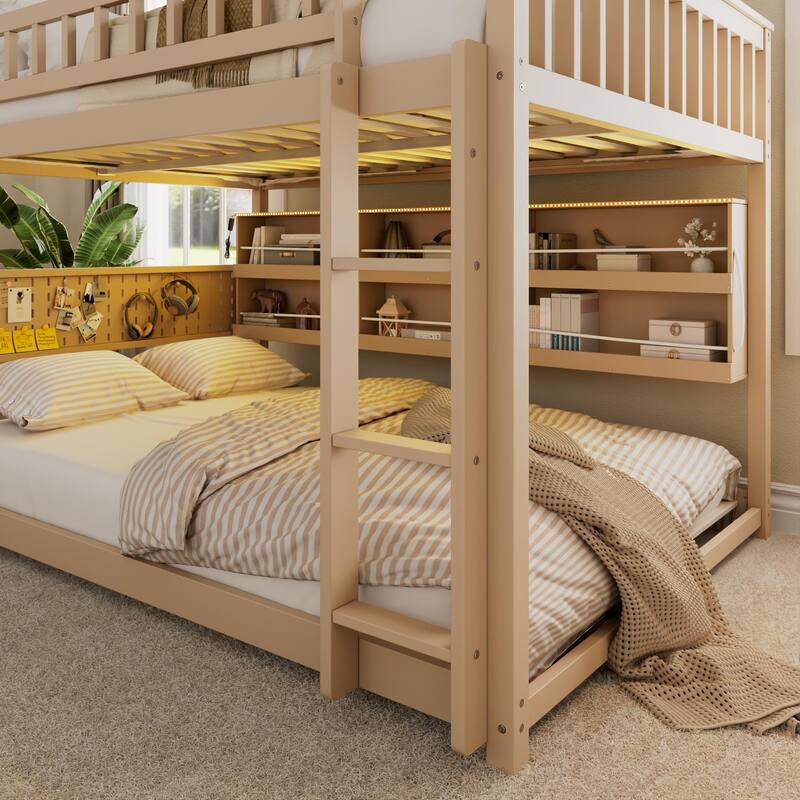 Full XL over Queen/Full over Full Bunk Bed with Integrated Shelving, Color-Changing Lights & Pegboard