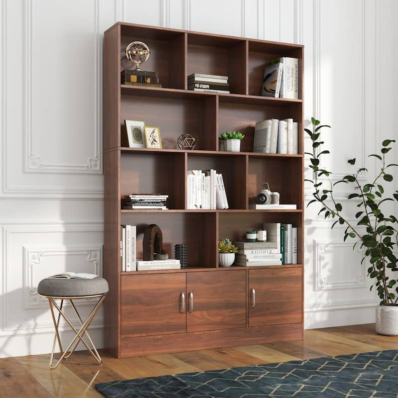 70.87" Height 10-Cube Bookcase – 3-Door Cabinet & 4-Tier Open Shelving – Modern Cube Storage Organizer for Living Room & Office‌ - Walnut
