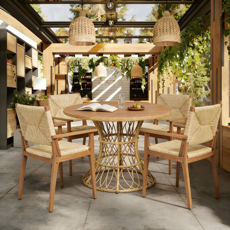 Christopher Knight Home - Estra 5-Piece Outdoor Dining Set with 4 Handwoven Wicker Chairs and Round Acacia Wood Table - Teak finish