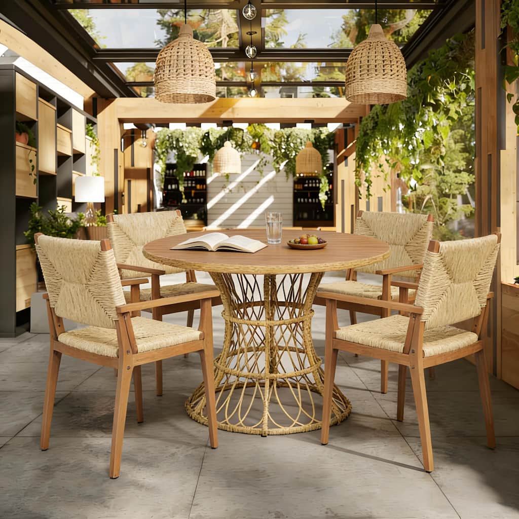Christopher Knight Home - Estra 5-Piece Outdoor Dining Set with 4 Handwoven Wicker Chairs and Round Acacia Wood Table