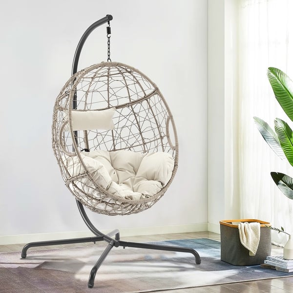 Patio Swing Egg Chair Basket Rattan Lounge Chair with Stand and