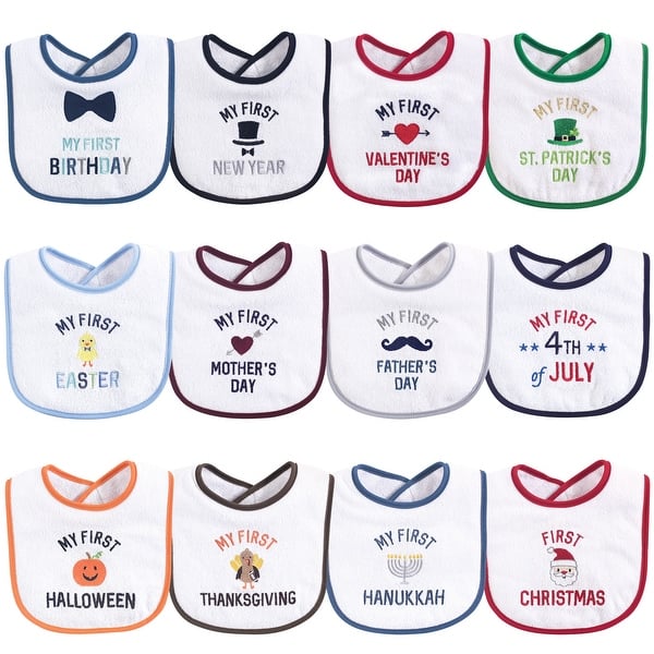 slide 1 of 1, Hudson Baby Infant Boy Cotton Terry Drooler Bibs with Fiber Filling 12pk, Boy Holiday, One Size - Boy Holiday - One Size One Size - Boy Holiday