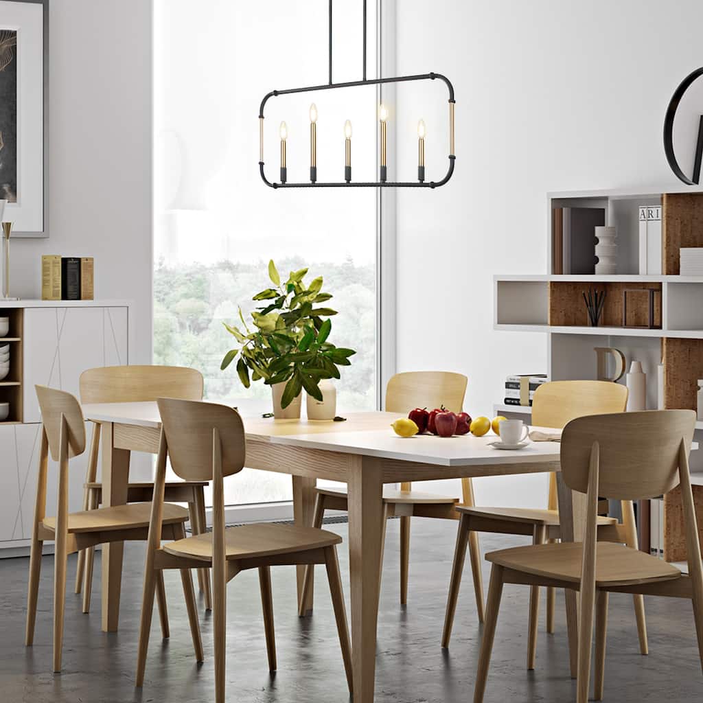 5-Lights Black and Gold Linear Chandelier, Industrial Iron Kitchen Island Pendant Light with Exposed Design