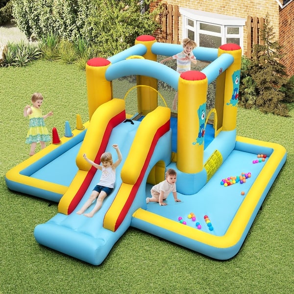 slide 2 of 9, Inflatable Bounce House 7-in-1 Bouncy Castle with Slide and Tunnel without Blower - 155" x 153" x 76.5" (L x W x H) 8-11 Years