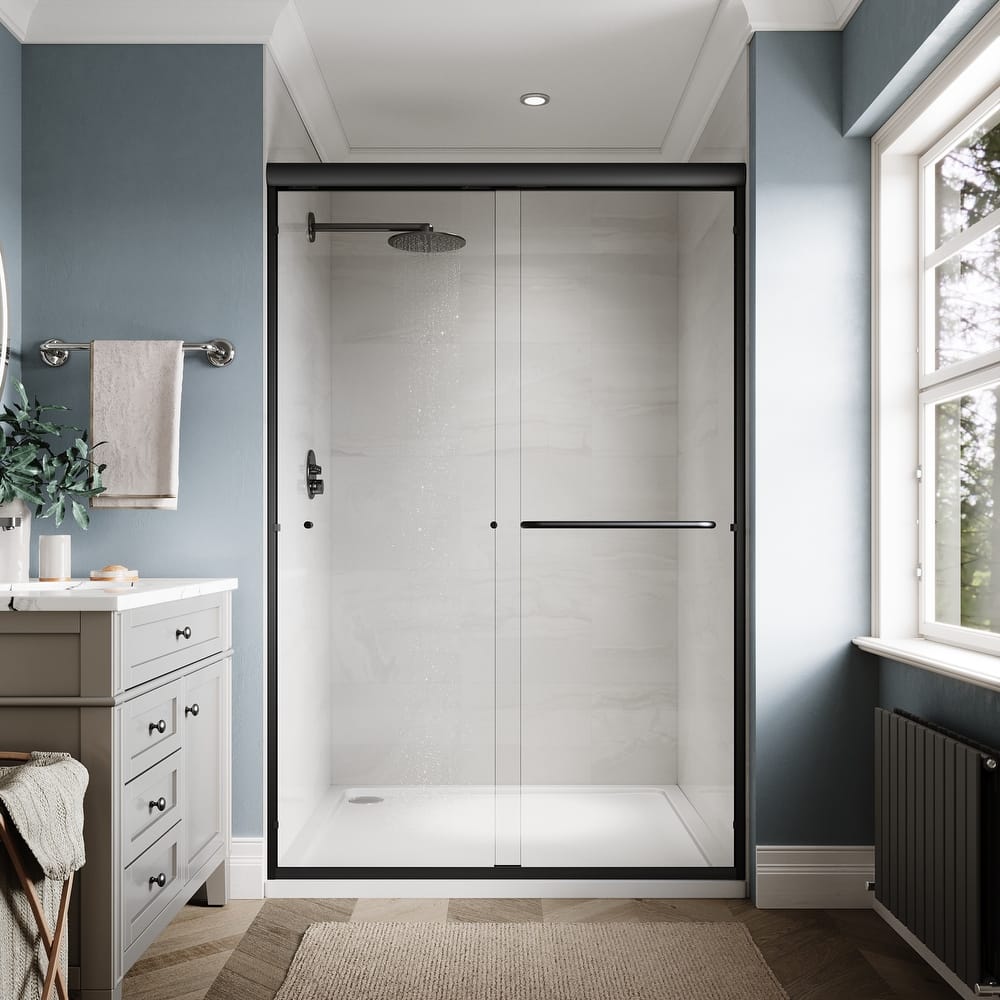 Elegant Double Sliding Shower Door in Matte Black Finish with 1/4 inch Clear Shower Tempered Glass Panel Tub Door