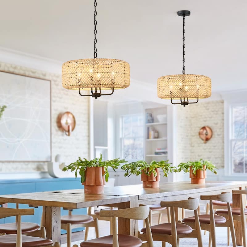 4-Light Bohemian Bamboo Drum Chandelier - Black/Wheat - 19.7 in. W