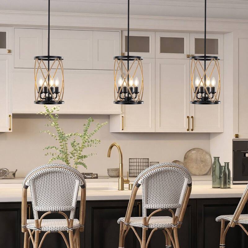 Rustic Rope - Wrapped 4 - Light E12 Pendant Chandelier, Adjustable Height with 3 Rods, Black Metal Frame - Matte Black