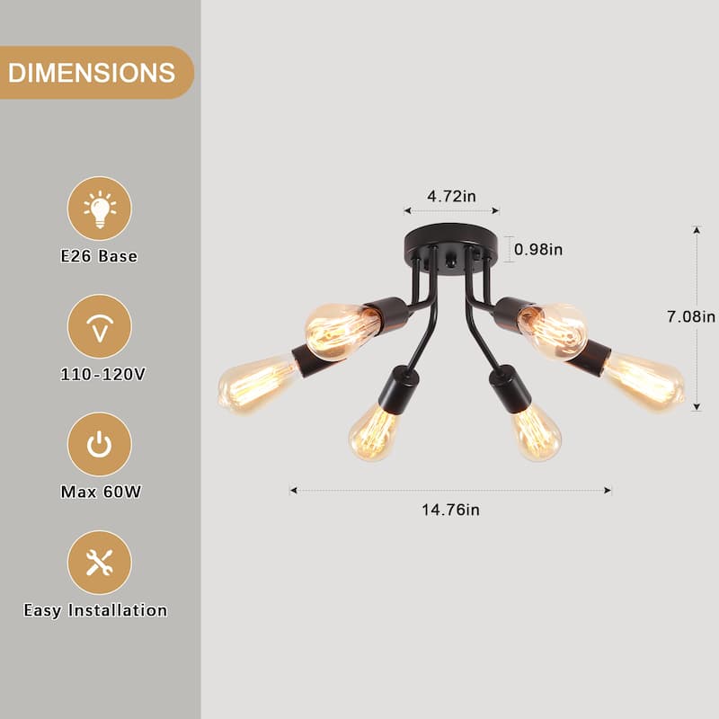 6-Light Modern Sputnik Light Fixture Semi Flush Mount Ceiling Lighting - 14.76' W
