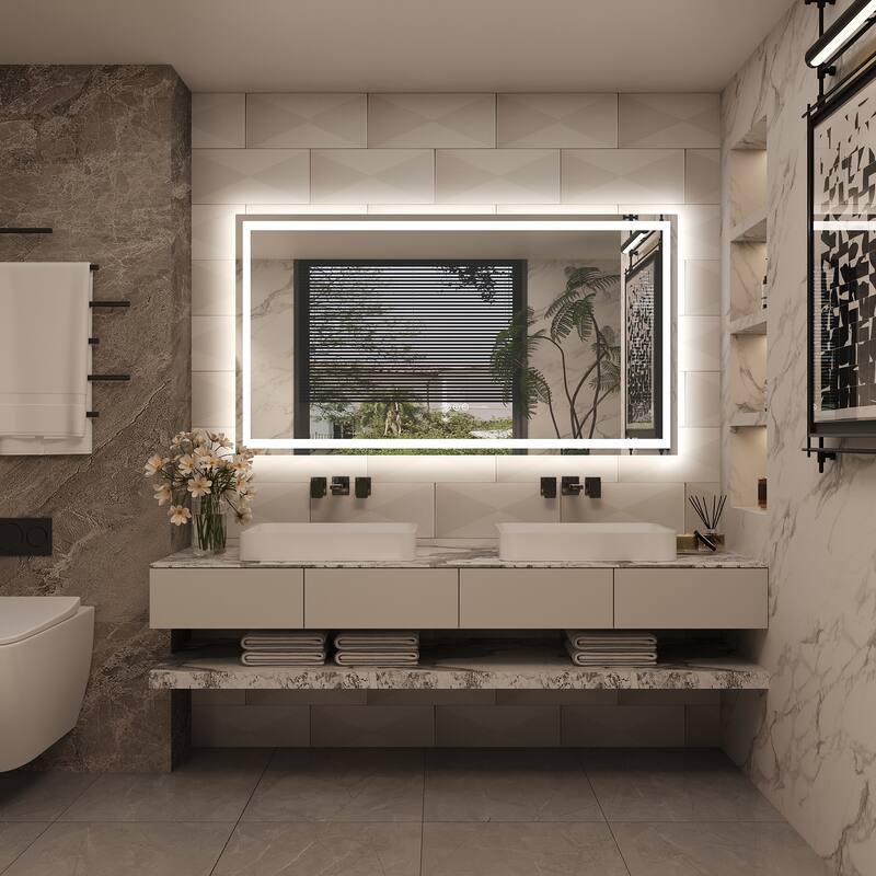 Frameless LED Front Light and Backlit 3 Colors Dimmable Anti-Fog Wall Bathroom Vanity Mirror
