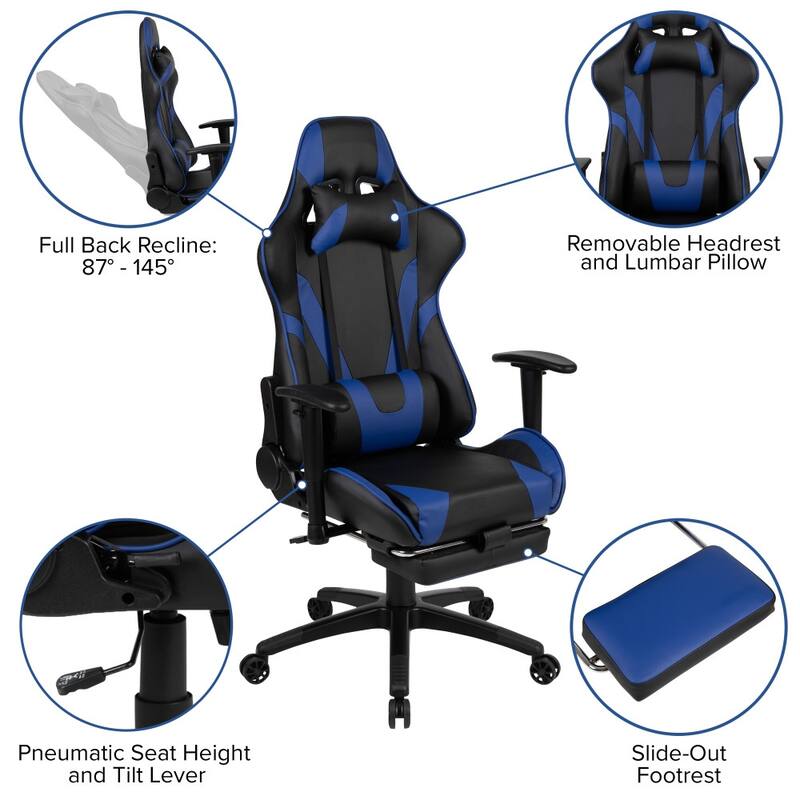 Racing Gaming Ergonomic Chair with Reclining Back, Footrest in LeatherSoft