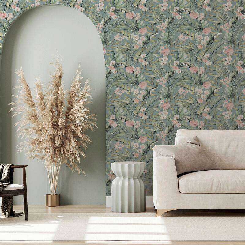 Arthouse Harrietta Sea Green Tropical Floral Wallpaper