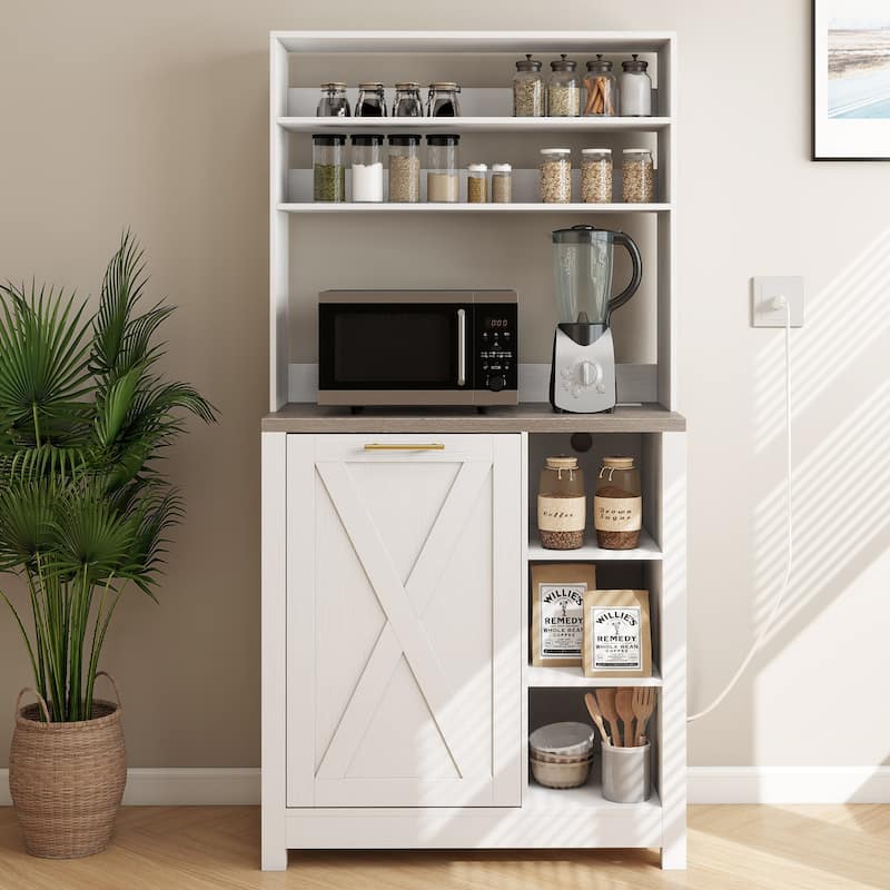 Moasis 6-Tier Bakers Rack Cabinet with Microwave Stand and Trash Can Bin, Coffee Bar Table Station with Power Outlets