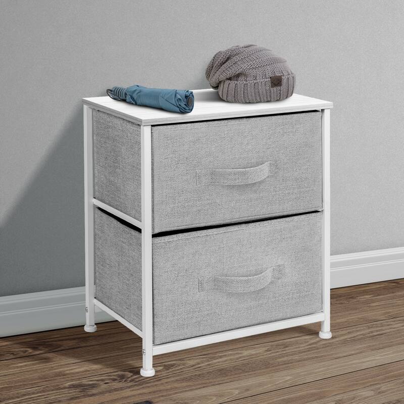 2 Drawer Nightstand Dresser Organizer Steel Frame Wood Top Fabric Bins