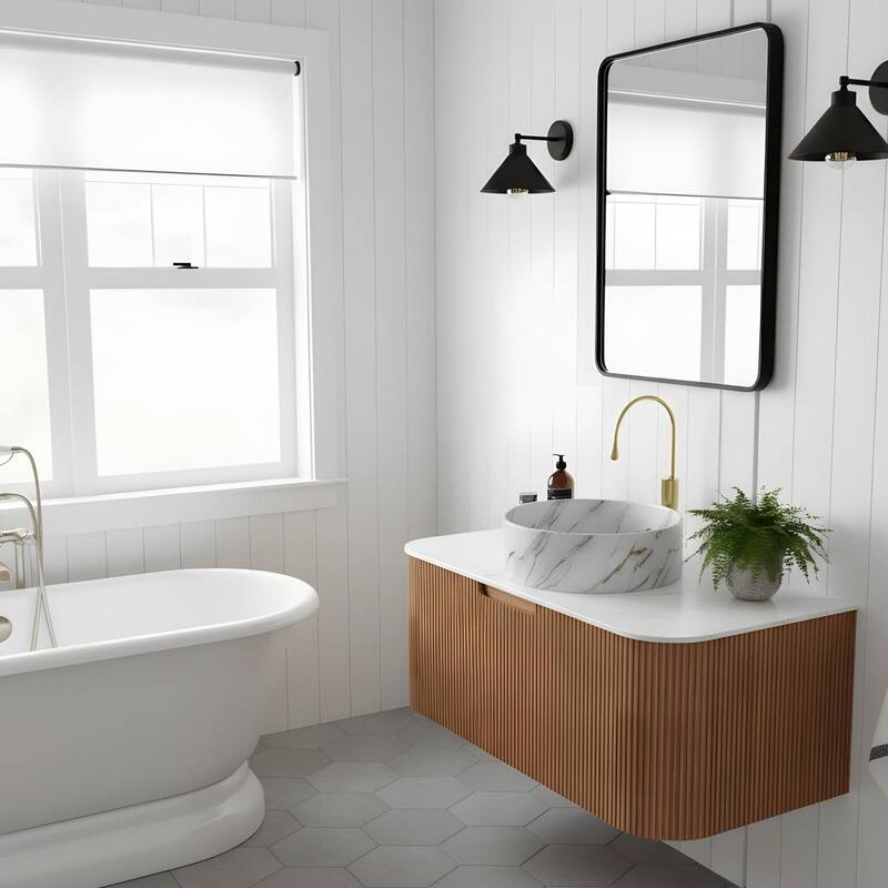 Floating Bathroom with Round Ceramic Basin and Storage Drawer