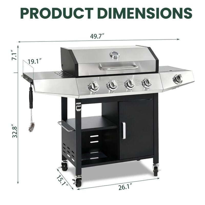 4-Burner Propane Gas Grill with Side Burner and Cabinet Storage, 474 Sq. In. Stainless Steel Outdoor BBQ Grill - N/A