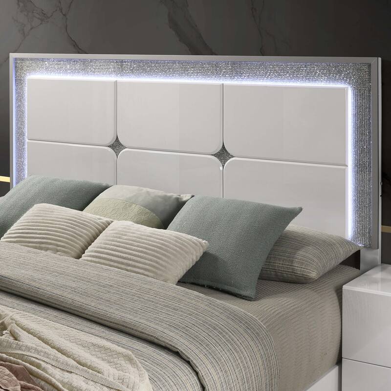 Furniture of America Roon Modern White Wood Panel Bed with LED on Headboard