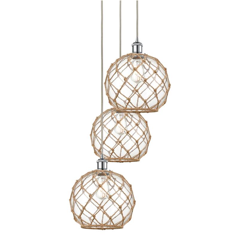 Innovations Lighting 113B-3P-37-17 Farmhouse Rope Pendant Farmhouse - Polished Chrome / Clear Glass with Brown Rope