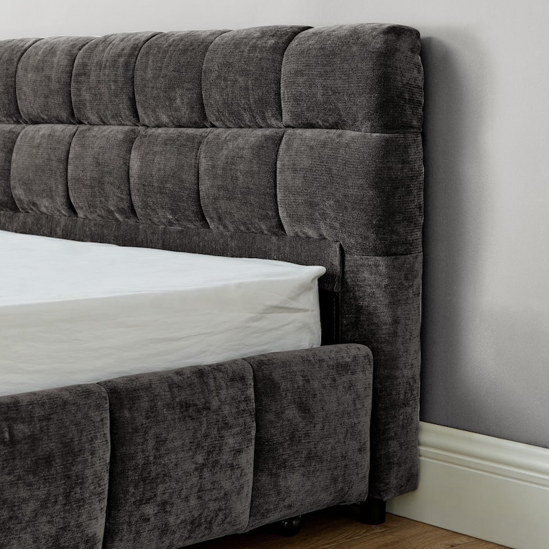 Block Thick Chenille Low Profile Platform Bed Fabric Upholstered Bedframe with Headboard Solid Wood Frame - Optional Storage Bed