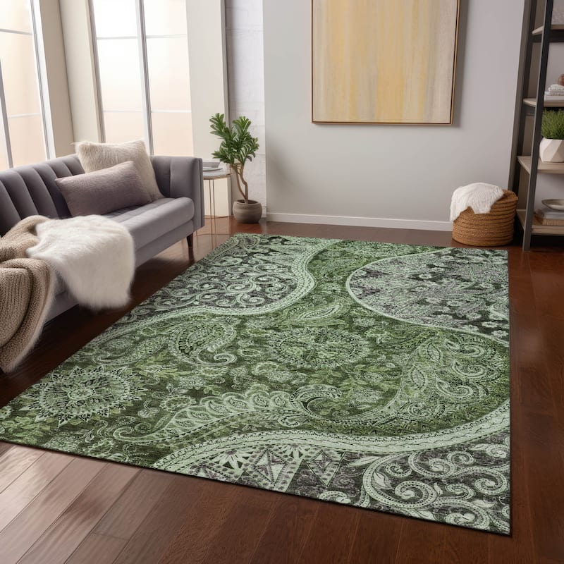 Machine Washable Indoor/ Outdoor Modern Paisley Chantille Rug