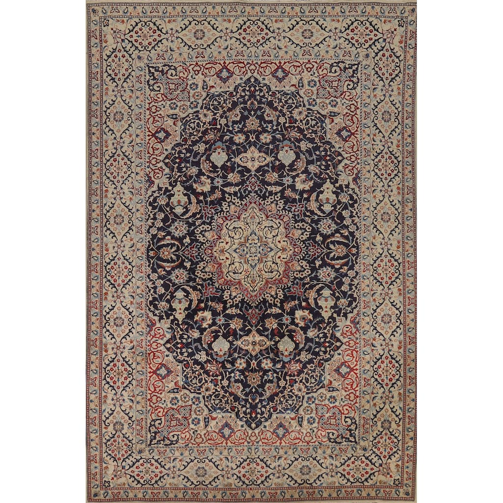 Navy Blue Floral Nain Persian Area Rug Handmade Wool Carpet - 6'7"x 10'5"