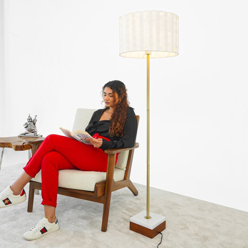 Ellen Floor Lamp with Woven Shade and Marble-Wood Base - Gold