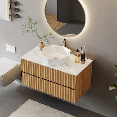 35.43" Floading Single Bathroom Vanities, With 2 Drawers, Glossy Sintered Stone Top, Light Wood