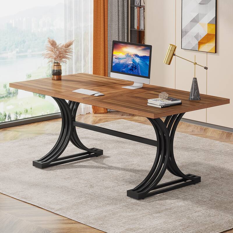 63" Large Rectangular Executive Desk, Wood Faux Marble Table, Business Computer Desk for Home Office