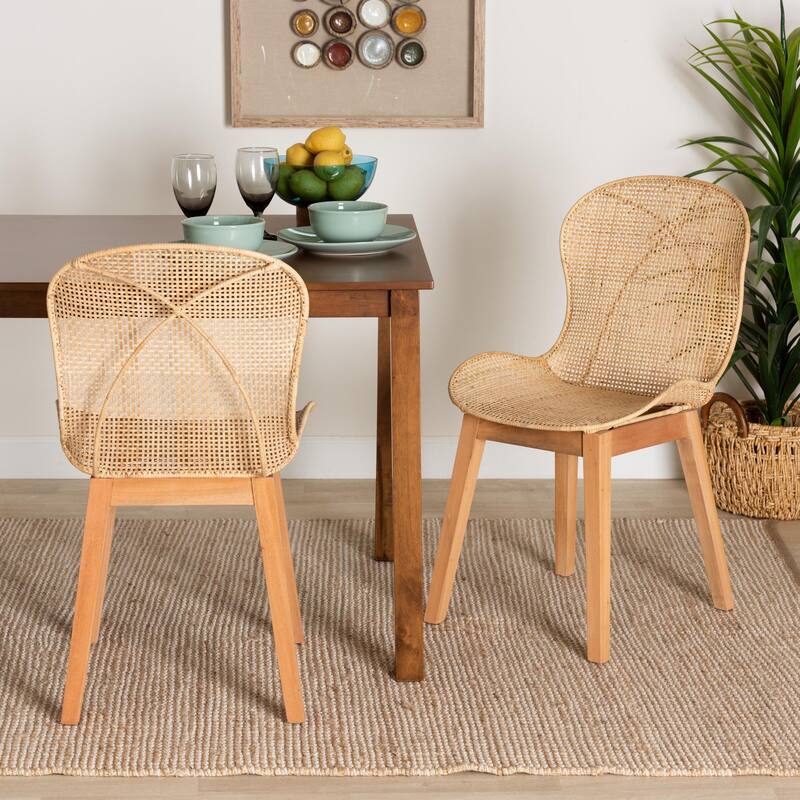 Sabelle Japandi Natural Brown Mahogany and Rattan 2-Piece Dining Chair Set
