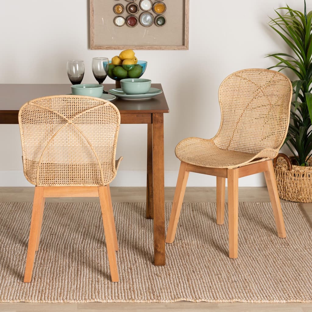 Sabelle Japandi Natural Brown Mahogany and Rattan 2-Piece Dining Chair Set