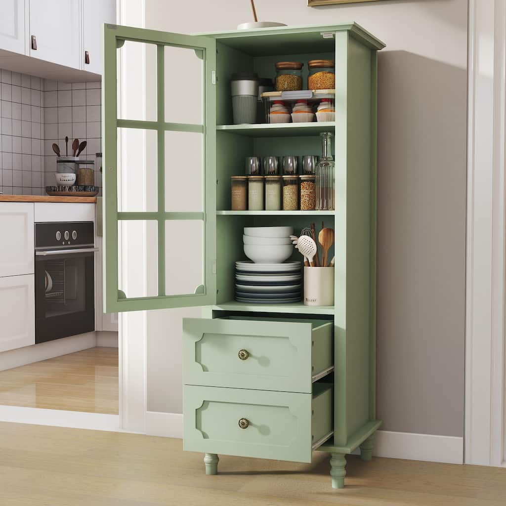 Buffet Cabinet with Glass Doors and Double Drawer, Modern Wooden Storage Sideboard Cupboard for Living room