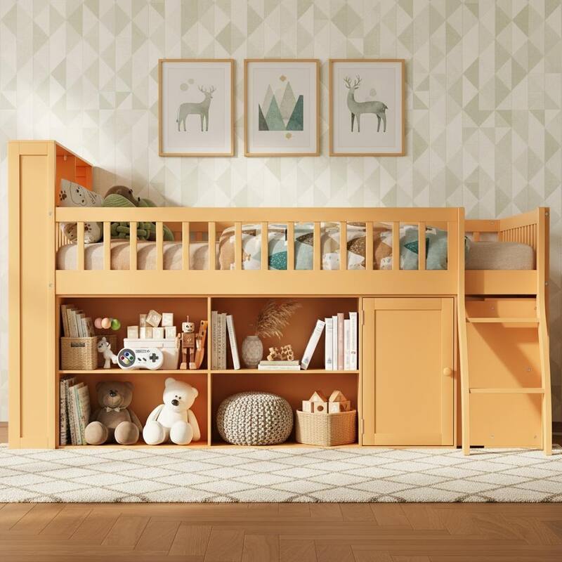 Loft Bed with Integrated LED Headboard, Spacious Storage & Cabinet by Harper&Bright Designs - Natural - Queen