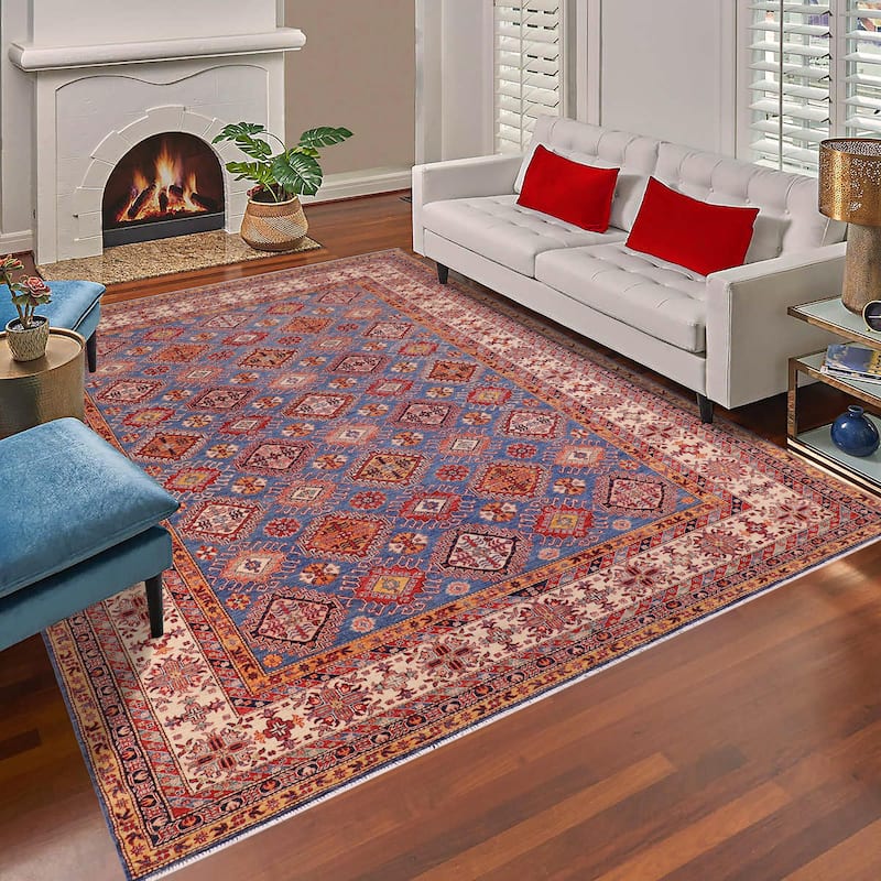 Tribal Super Kazak Onyx Blue/Beige Hand Knotted Wool Rug - 9'0'' x 12'1''