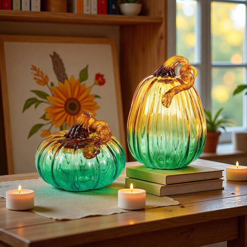 Glitzhome Fall Harvest Two-Tone Gradient Turquoise Glass Pumpkin Thanksgiving Table Decor