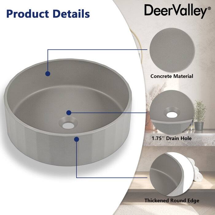 DeerValley 17" Bathroom Vessel Sink, Concrete Light Gray Vessel Sink, Round Above Counter Bathroom Sink
