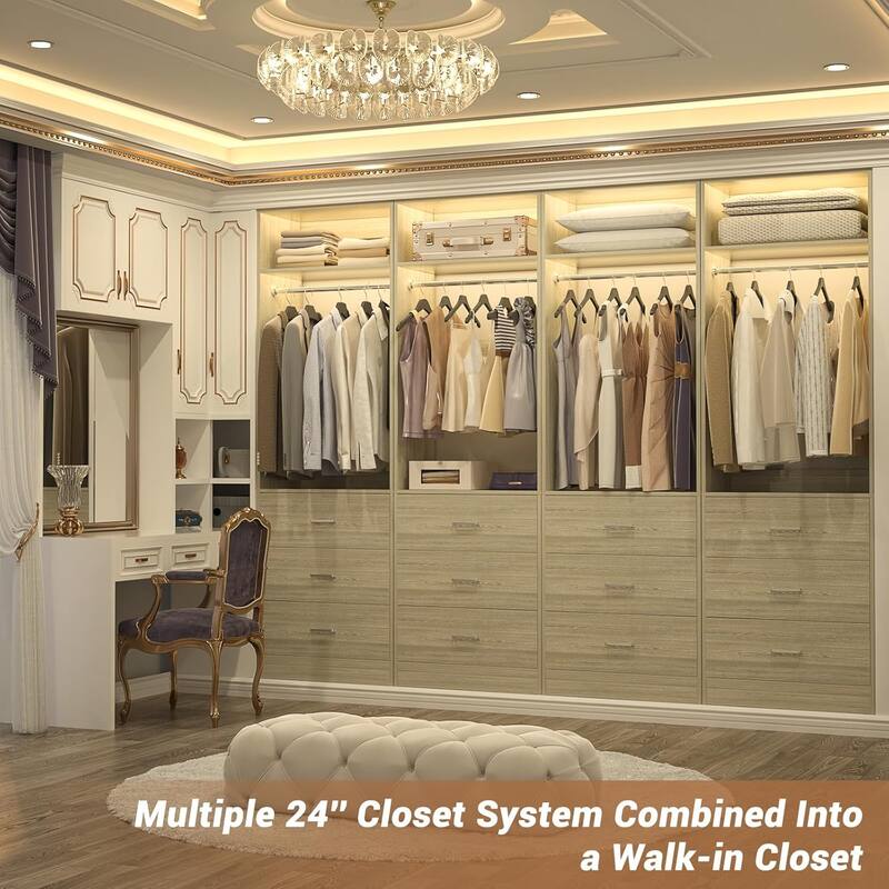 Kyrvo 24" Freestanding Closet Organizer System with Hanging Rod & Shelves,Heavy Duty Closet System with 3 Wood Drawers