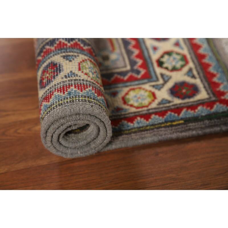 Geometric Kazak Oriental Accent Rug Grey Hand-Knotted Wool Carpet - 2'0" x 3'0"