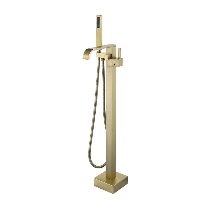 Waterfall Double Handles Freestanding Floor Mounted Tub Faucet With Hand Shower - Brushed Gold