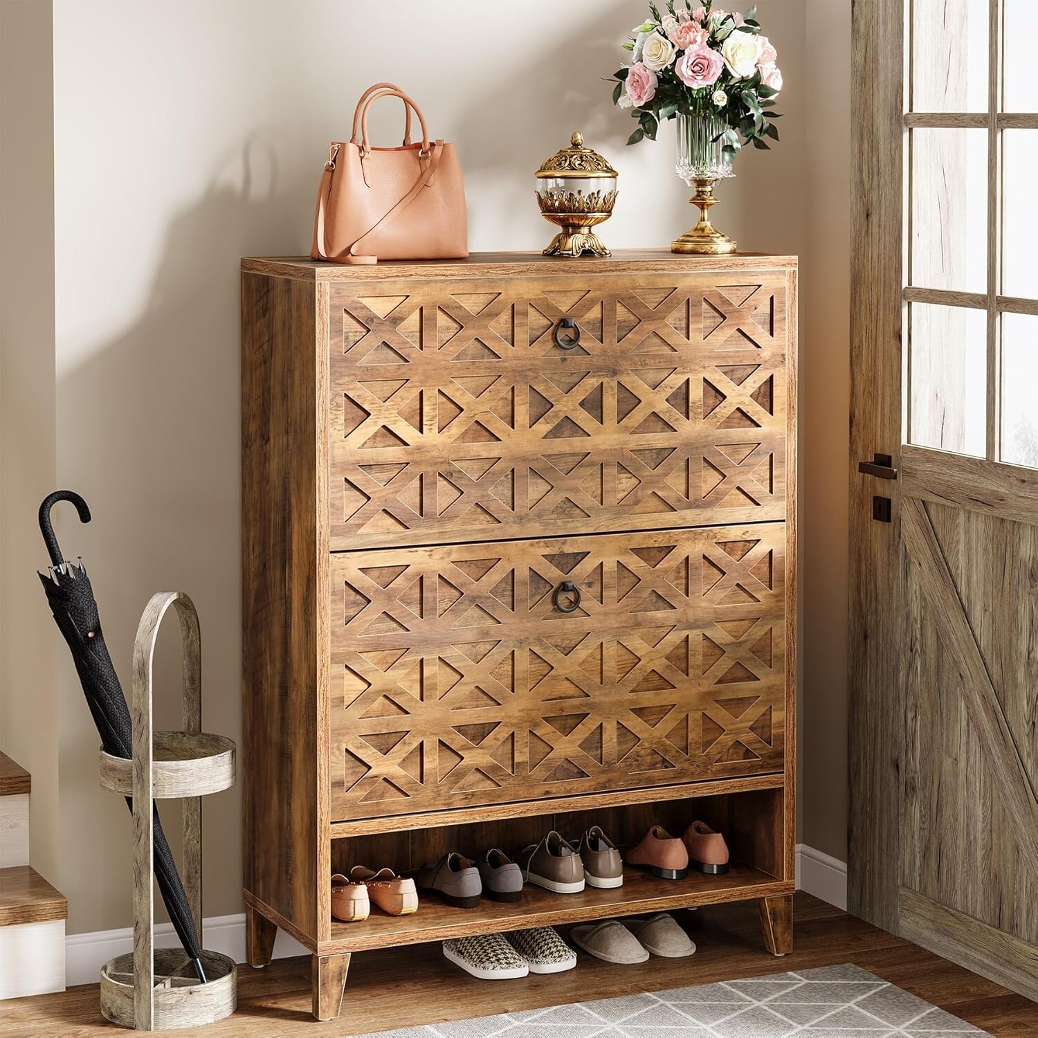 Shoe Cabinet for Entryway with 2 Flip Drawers, Wood Shoe Storage