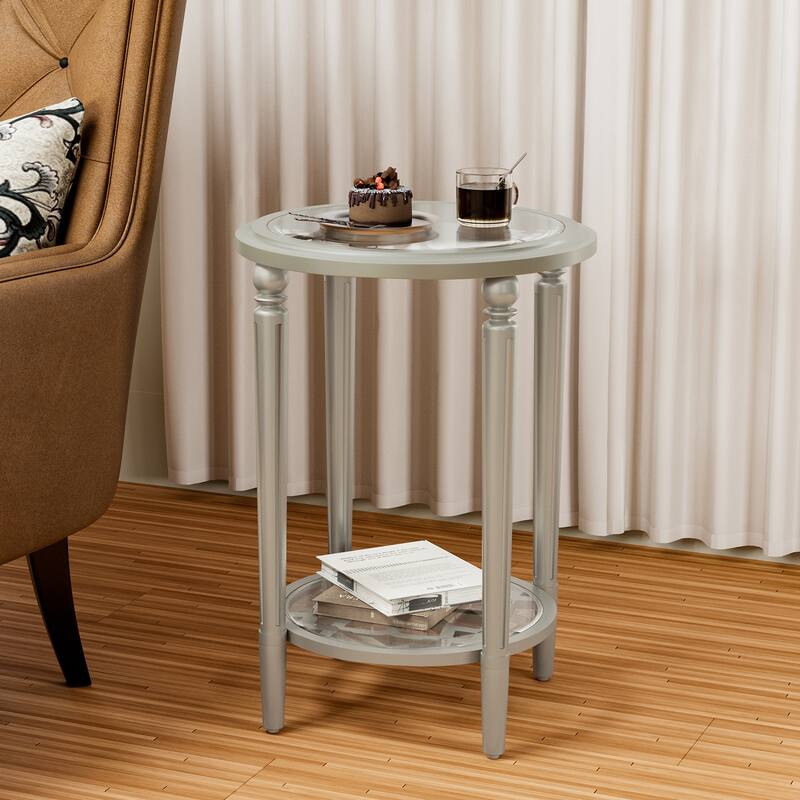 SUNBURY Solid Wood Tempered Glass Side Table with Storage Shelf